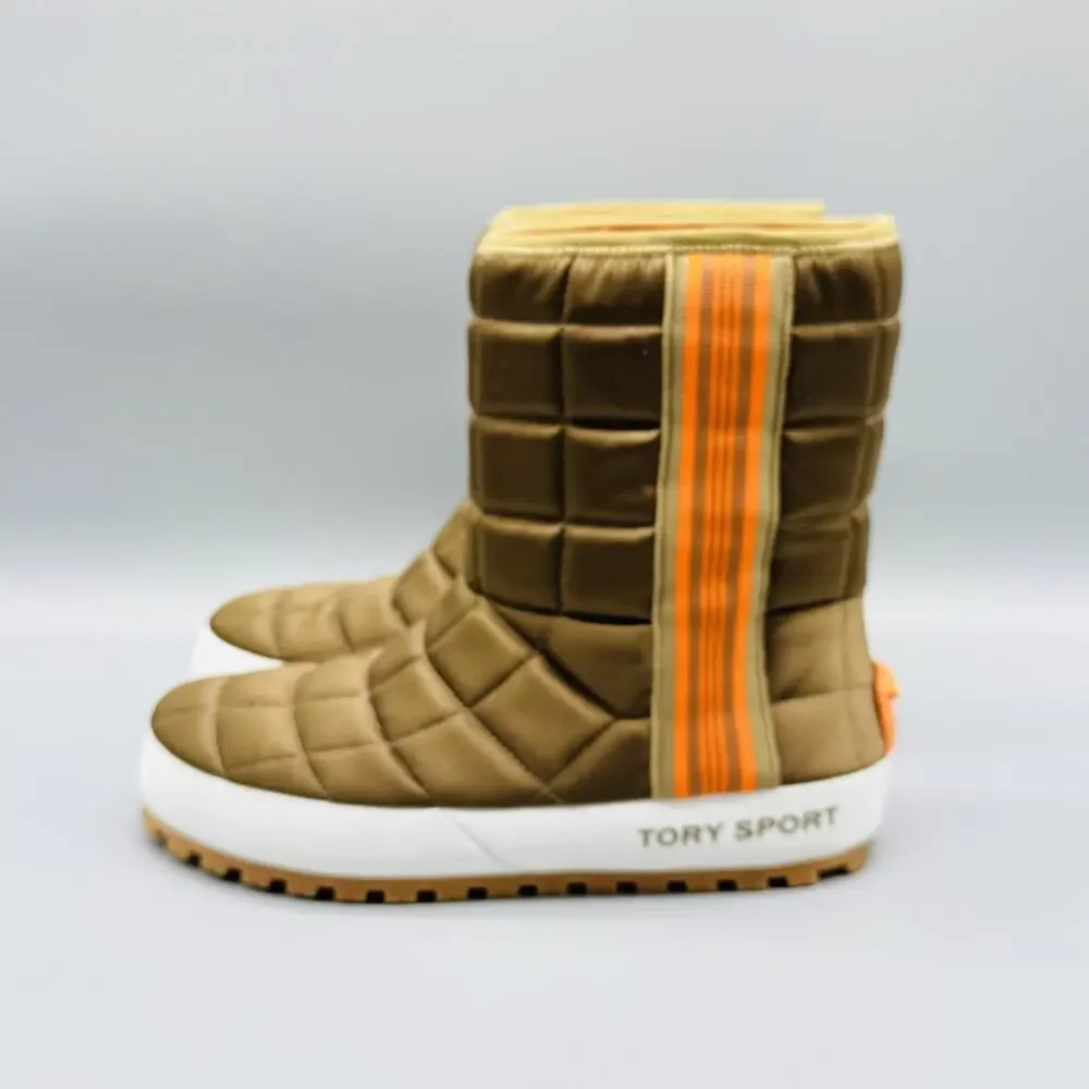 Tory Burch Boots Womens 7 Brown Orange Nylon Sport Quilted Puffer Stripe Winter